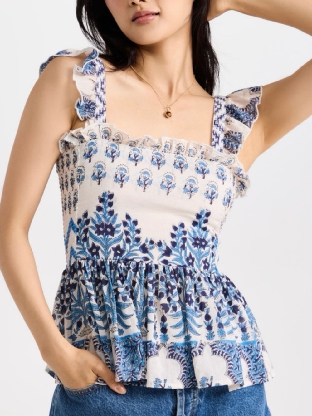 BELL by Alicia Bell Blue White Siena Ruffle Tank Smocked Flutter Strap Floral XS